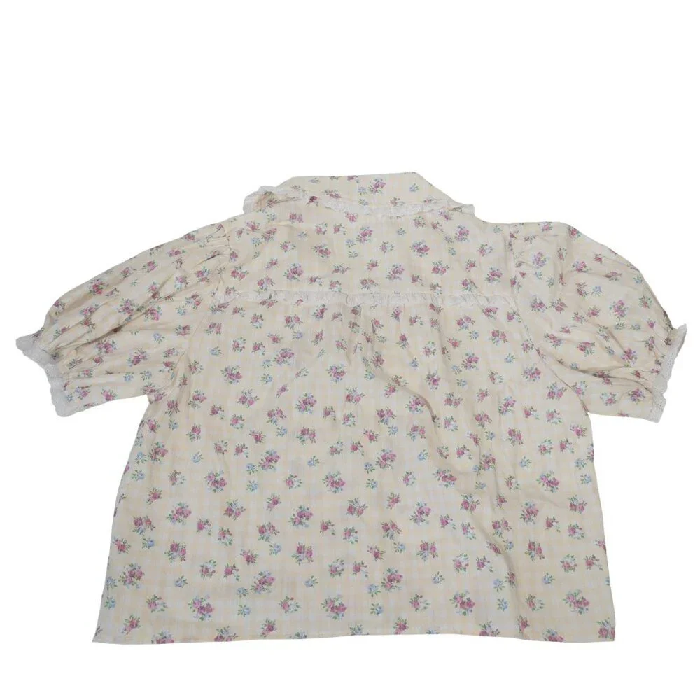 Cottage Core Peach Love Yellow and White Gingham Floral Top SZ S Puff Sleeve - Picture 5 of 13
